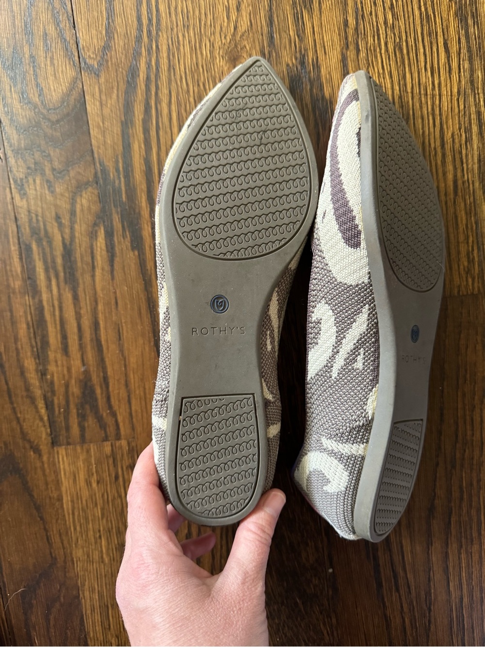 Rothy's Pink and Tan Pointed Knit Flats with Blue Trim - Picture 3 of 7